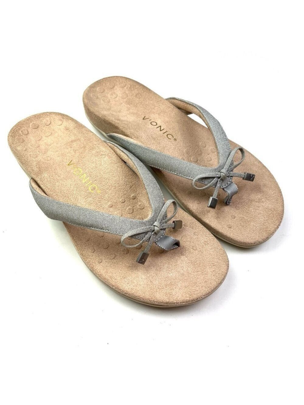 New Vionic Bella Silver Sparkle Bow Orthotic Comfort Thong Sandals size 9.5